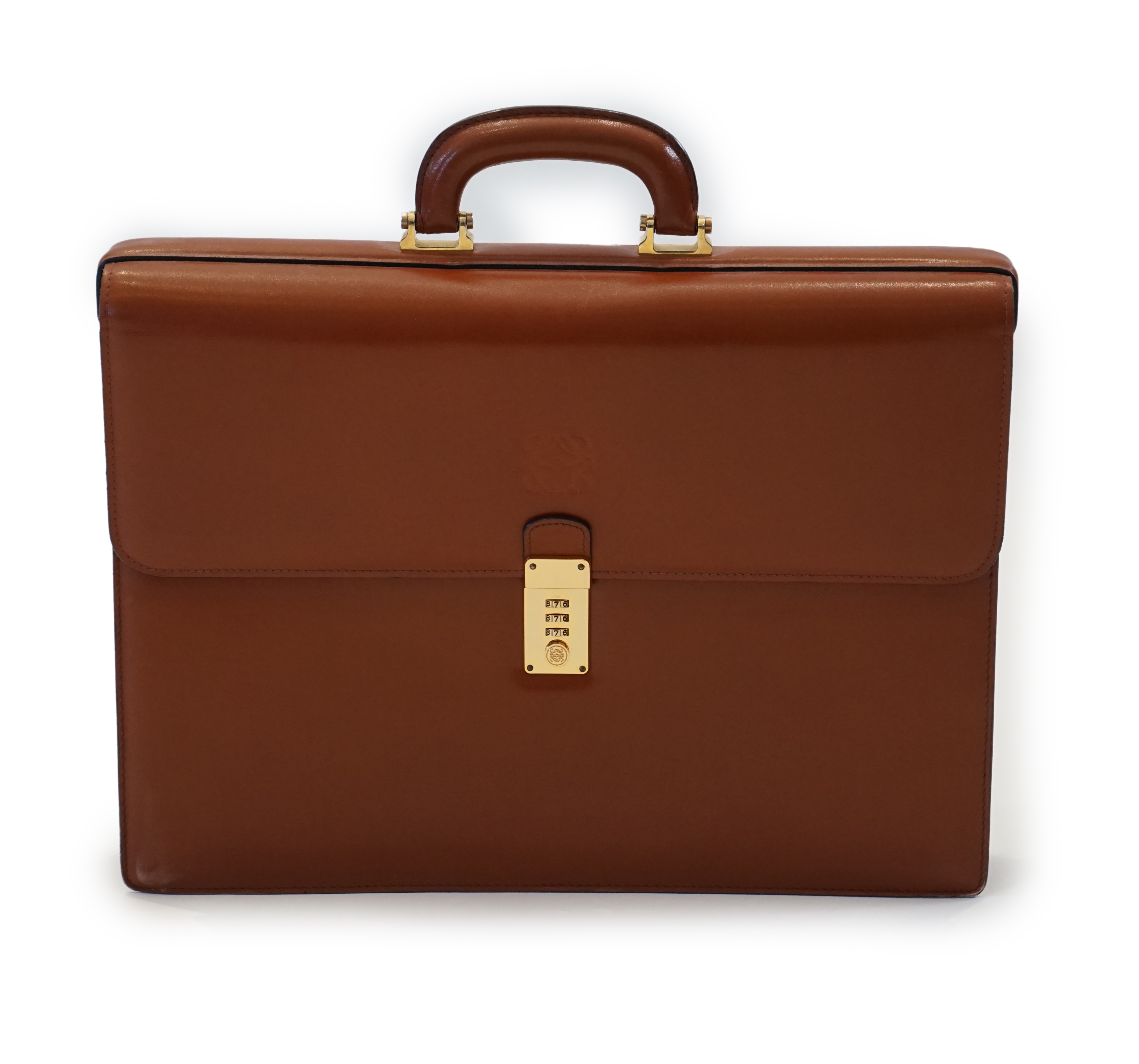 A gentlemen's Loewe brown tan leather briefcase width 42.5cm, depth 6cm, height 31cm